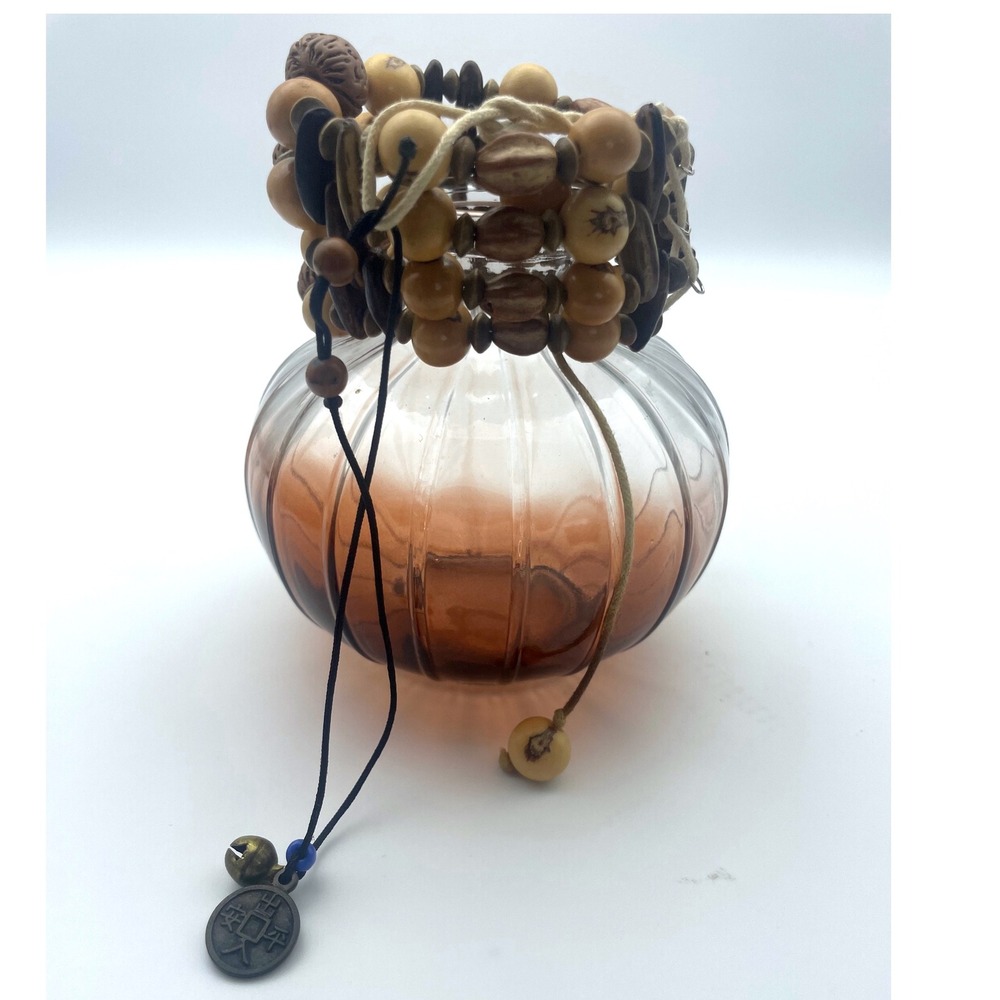 Boho Beaded Bracelet Wood Beads‎ Charm Bell Accent Adjustable tan festival beach